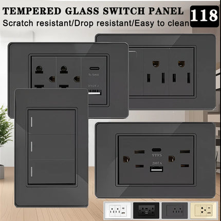 Enchufe de Pared de Vidrio Templado con Puertos USB Dual Tipo C – 118x75mm, 110V