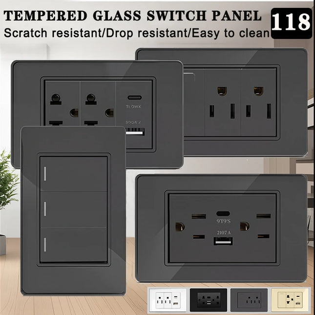 Enchufe de Pared de Vidrio Templado con Puertos USB Dual Tipo C – 118x75mm, 110V