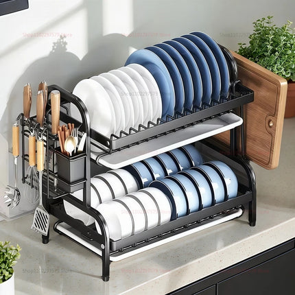 Nuevo Estante Escurridor de Platos de 2 Niveles – Compacto, Antióxido y con Soporte para Utensilios