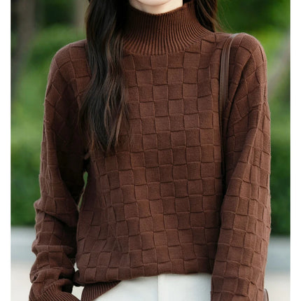 Suéter de algodón 100% para mujer, jersey de cuello medio alto, camisa con patrón cuadrado, Top de punto suelto a la moda, otoño e invierno, nuevo