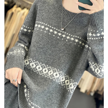 Jersey de punto de lana 100%, superventas, suéter jacquard con cuello redondo, top grueso holgado a la moda para otoño e invierno para mujer