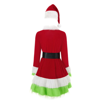 Disfraz de Papá Noel para mujer, disfraz de Navidad de señora Santa Claus, vestido de terciopelo esponjoso con capucha y cinturón