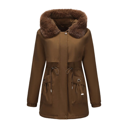 Abrigo de longitud media con capucha marrón oscuro para mujer recién llegado de invierno, chaqueta gruesa elegante y cálida. Parkas caqui, negro, azul y rosa.