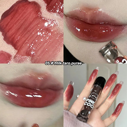 PINKCOCO Bear Doodle Mirror Lip Glaze - Brillo de labios brillante de larga duración, lápiz labial desnudo que brilla la piel, apto para estudiantes