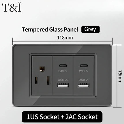 Enchufe de Pared de Vidrio Templado con Puertos USB Dual Tipo C – 118x75mm, 110V