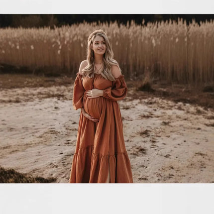 Vestido de sesión de fotos de maternidad: vestido sexy con hombros descubiertos, mangas abullonadas juguetonas y ropa con abertura para piernas para fotografía de mujeres embarazadas