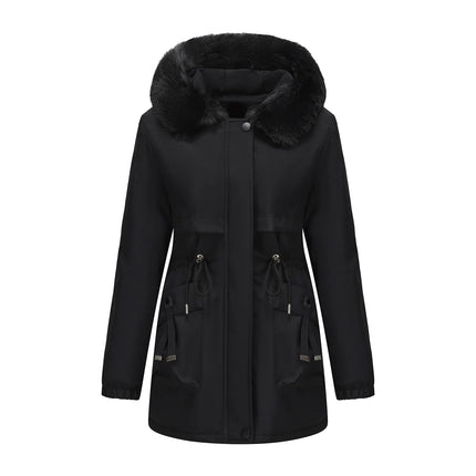 Abrigo de longitud media con capucha marrón oscuro para mujer recién llegado de invierno, chaqueta gruesa elegante y cálida. Parkas caqui, negro, azul y rosa.