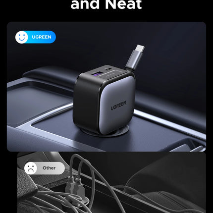 UGREEN 145W 90W 60W Cargador de coche 3 USB-C y 1 puertos USB-A PD QC4.0 Carga rápida con cable retráctil para iPhone 17 Pro MacBook