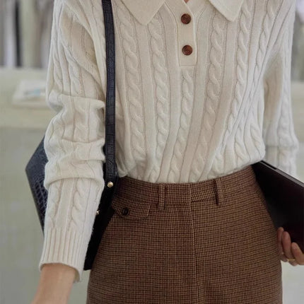 100% suéter de lana pura para mujer 2025 Otoño/Invierno nuevo jersey con cuello POLO moda coreana solapa suave Top de Cachemira de punto para mujer