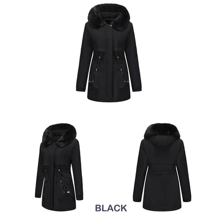 Abrigo de longitud media con capucha marrón oscuro para mujer recién llegado de invierno, chaqueta gruesa elegante y cálida. Parkas caqui, negro, azul y rosa.