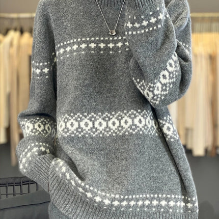 Jersey de punto de lana 100%, superventas, suéter jacquard con cuello redondo, top grueso holgado a la moda para otoño e invierno para mujer