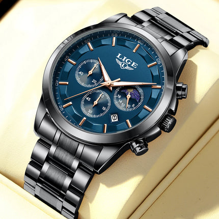 Reloj de Cuarzo LIGE para Hombre – Lujo Clásico con Fase Lunar y Fecha Automática